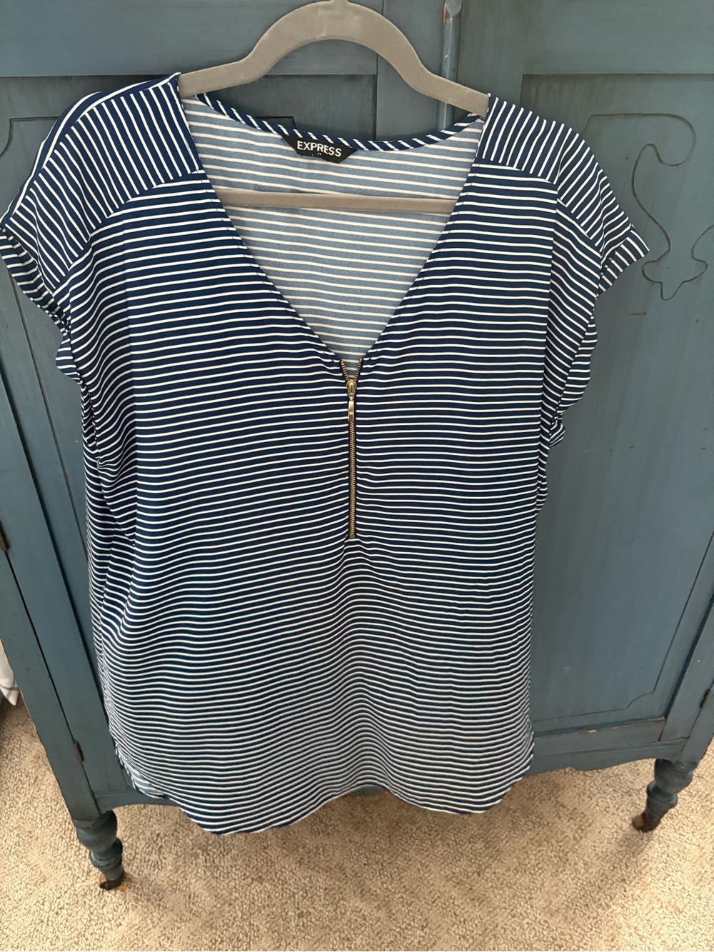 Express Navy & White Striped Zip V-Neck Top